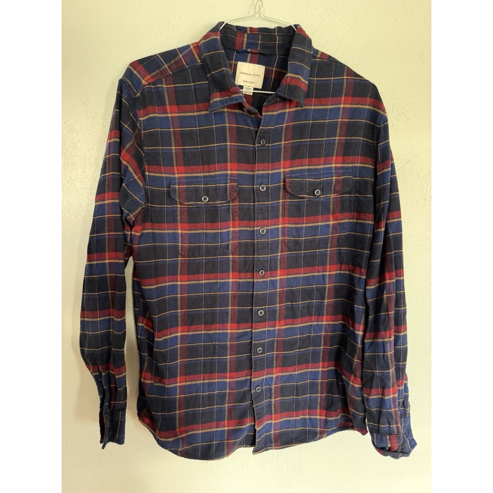 American Eagle Outfitters AEO Super Soft Flannel Plaid Shirt Blue Men's LT Tall